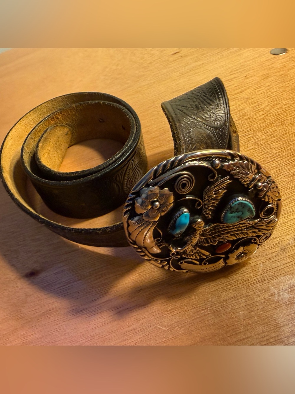 Eagle Themed Genuine Black Tooled Leather Belt Size 39 Turquoise Belt Buckle
